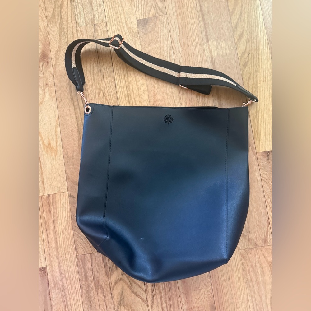 Black Vegan Leather Shoulder/Crossbody Bag with Striped Strap Crabtree & Evelyn
